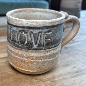 Handcrafted Love Stoneware Mug in Brown and Gray